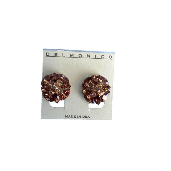Vintage Delmonico Clip-On Earrings With Amber Rhinestones & Gold-Tone Metal - Picture 2 of 8
